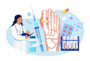 Doctor for gout arthritis examining swollen foot joint
